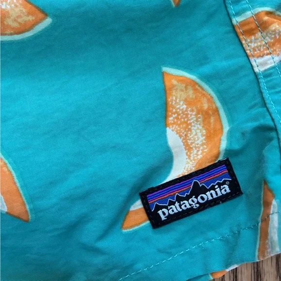 Patagonia Women’s Baggies 5 inch inseam Teal Shorts with Cantaloupe Slice Print - Picture 3 of 5